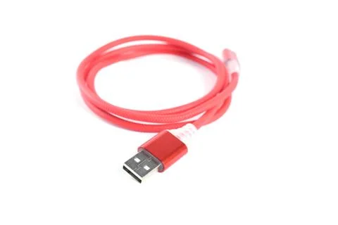 Red USB cable for smartphone charge isolated on white background. Stock Photos