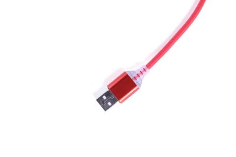 Red USB cable for smartphone charge isolated on white background. Stock Photos