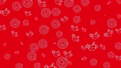 Red Valentine Pattern Background with Coffee Heart and Spiced Beverage Icons Stock Footage 345539045