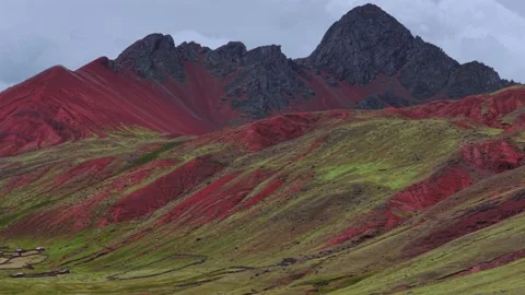 Red Valley Peruvian Andes Vinicunca Rainbow Mountain trek Palccoyo canyon Peru Stock Footage 325715480