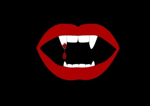 Red vampire lips with fangs on black background Stock Illustration