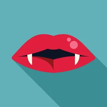 Red vampire lips showing fangs biting lower lip on turquoise background Stock Illustration