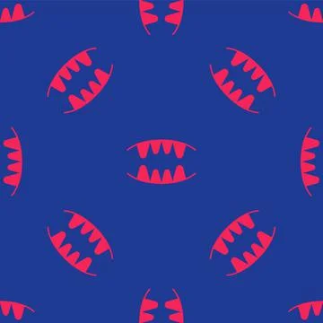 Red Vampire teeth icon isolated seamless pattern on blue background. Happy Stock Illustration