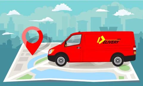 Red van over folded flat map and red pin. Cityscape background. Vector 스톡 일러스트