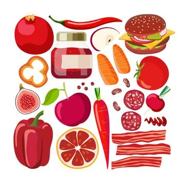 Red vector food. Vegetables and fruits and other red food on white Stock Illustration