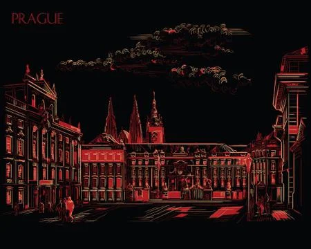 Red vector hand drawing Prague, part 1 Illustrazione stock
