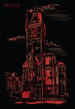 Red vector hand drawing Prague, part 6 Stock Illustration