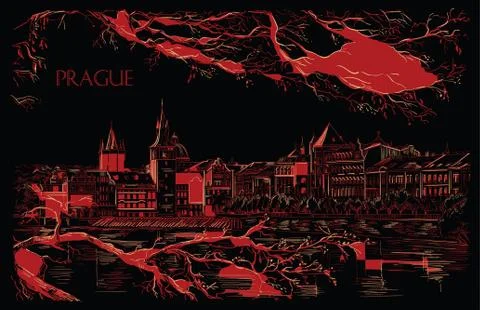 Red vector hand drawing Prague, part 9 Illustrazione stock