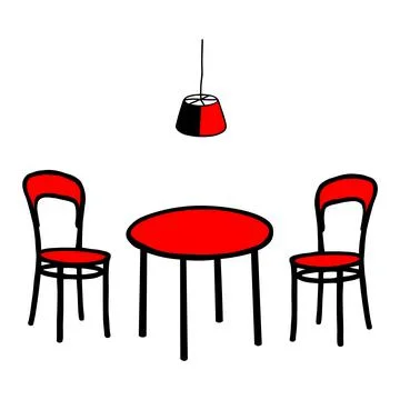 Red Vector outline illustration of a room with a table and a pair of chairs and Stock Illustration