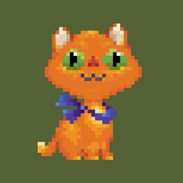 Red vector pixel art cat in blue scarf Stock Illustration