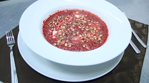 Red vegetable  soup in the bowl Stock Footage 48397907