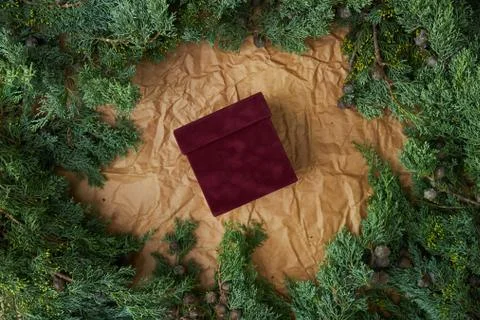 Red velvet box with empty space for text framed from natural spruce Stock Photos