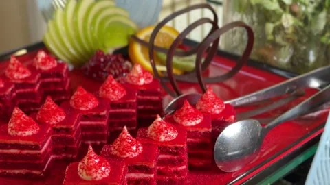 Red Velvet Cake On Buffet Tray Stock Footage 344549314