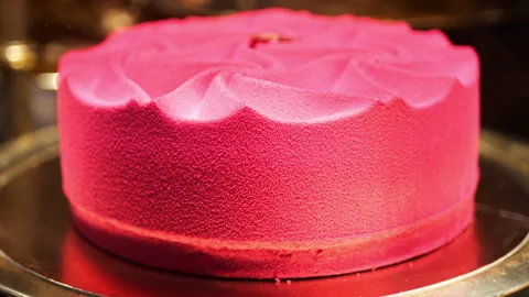 Red velvet cake Red cake on the shop window in the cafe Stock Footage 292491065