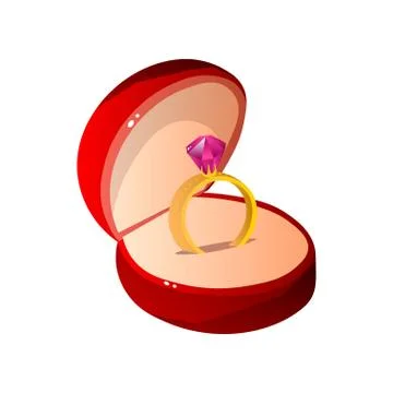 Red Velvet Opened Gift Box with Ruby Ring, Round Shaped Jewelry Case Vector 库存插图