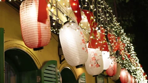 Red vietnamese flags and lanterns. Stock Footage 305833972