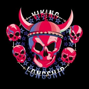 Red viking skull surrounded by small skulls Stock Illustration