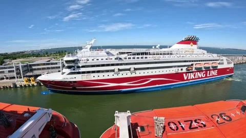 Red Viking XPRS passenger ferry docked alongside Port of Tallinn terminal Stock Footage 340329611