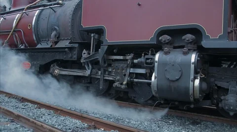 Red Vintage steam Train Engine leaving the station Stock-Footage 128365558
