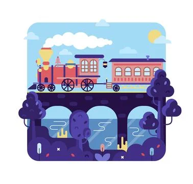 Red vintage train on the bridge - vector cartoon illustration in flat stile Illustrazione stock
