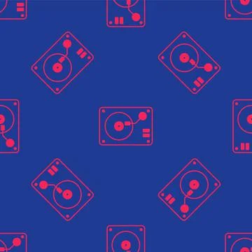 Red Vinyl player with a vinyl disk icon isolated seamless pattern on blue bac Stock Illustration