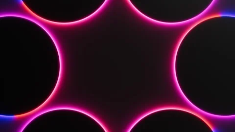 Red violet neon light is moving around black round frames on dark background Stock Footage 327971215