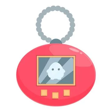 Red virtual pet keychain hanging with grey chain displaying pixelated white Illustrazione stock