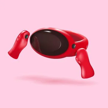 Red virtual reality console gaming device headset and controller 3d cute vect Stock Illustration