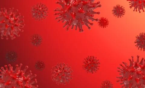 Red virus bacteria cells 3D render background image on red background. Flu, i Illustrazione stock