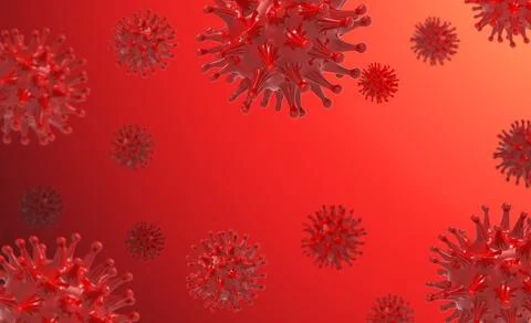 Red virus bacteria cells 3D render background image on red background. Flu, i Stock Illustration
