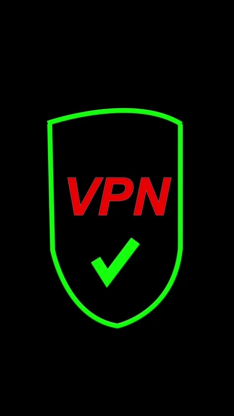 Red VPN Text and Green Check mark Inside a Shield Outline on Black Backgrou.. Stock Footage 337460747