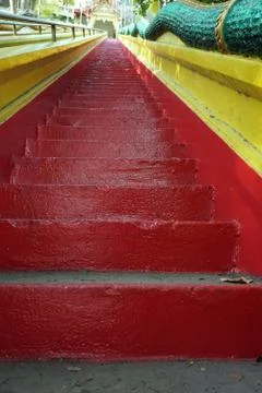 Red walking way up to the mountain Stock Photos