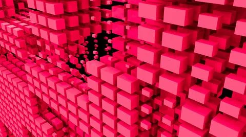 A red wall of many cubes. Abstract background with flying red cubes.  Stock Illustration