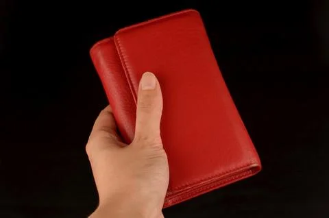 Red wallet in a hand Foto stock