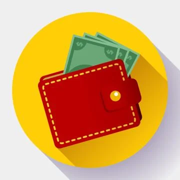 Red wallet Vector Icon flat style. Wallet with money icon vector. Stock Illustration