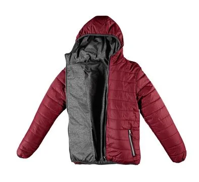 Red warm quilted jacket with open zipper. Bomber jacket on a white background. Stock Photos