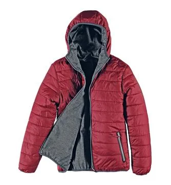 Red warm quilted jacket with open zipper. Bomber jacket on a white background. Stock Photos