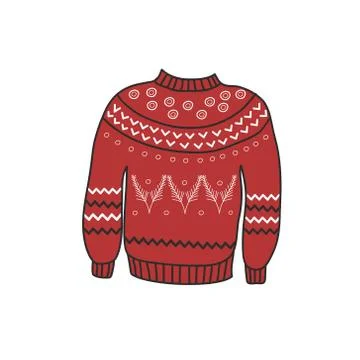Red warm sweater with a white pattern. Vector freehand illustration in doodle Stock Illustration