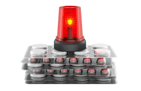 Red warning beacon on stacked blister packs of tablets. Drug alert recall s.. Stock Illustration