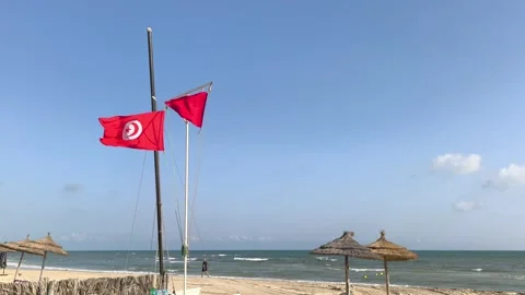 Red warning flag and Tunisian flag waving on a beach in Tunisia Video stock 341312750