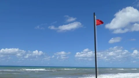 Red warning flag on the beach, windy, stormy day Stock Footage 83871415