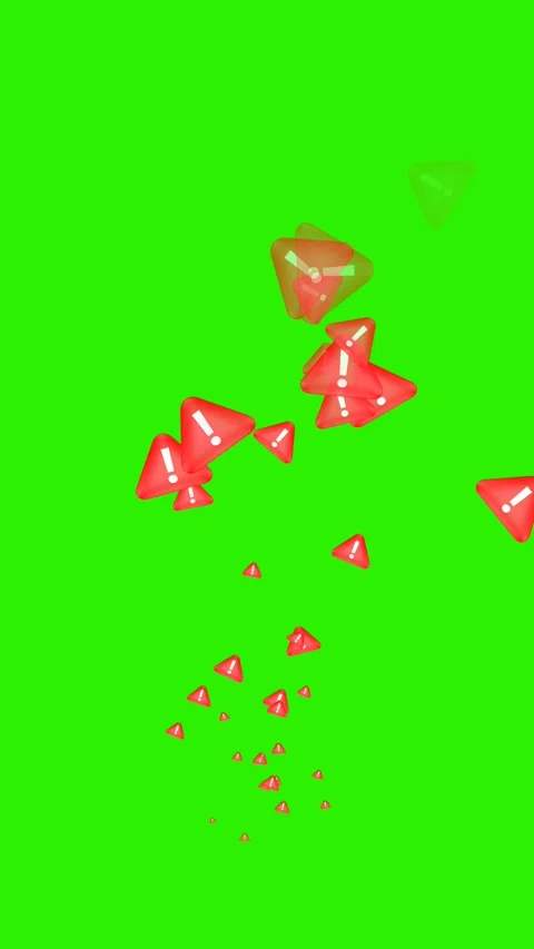 Red warning sign icons fly up on green background. 3D animation. Stock Footage 302977306