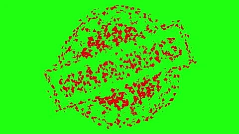 Red warning stamp shattering into tiny fragments on green screen background.. Stockbeeldmateriaal 343551523