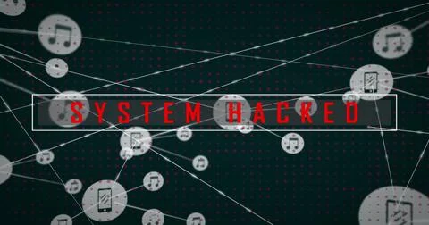 Red warning text displaying SYSTEM HACKED overlays digital background Stock Photos
