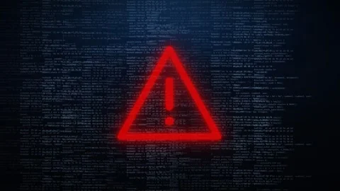 Red warning triangle over falling source code on dark blue screen Video stock 344842182