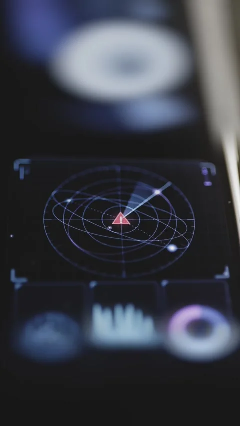 Red warning triangle sits inside dense orbital rings Stock Footage 343380122