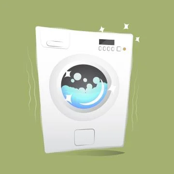 Red washing machine in flat style. isolated on blue background. modern vector Illustrazione stock