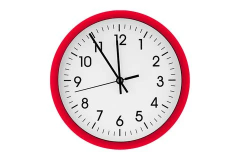 Red watch, wall clock 11 hours 45 minutes on isolated or white background 库存照片