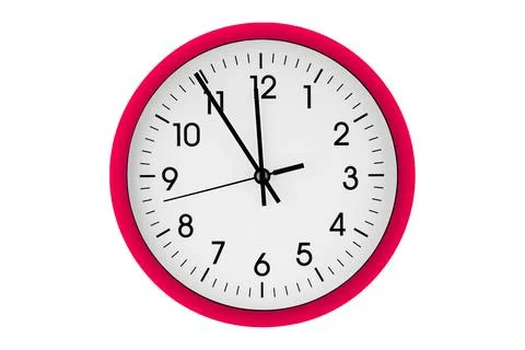 Red watch, wall clock 11 hours 45 minutes on isolated or white background 库存照片