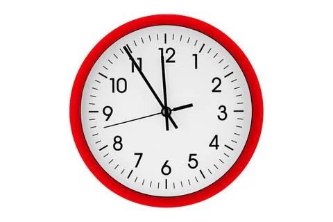 Red watch, wall clock 11 hours 45 minutes on isolated or white background Stock Photos